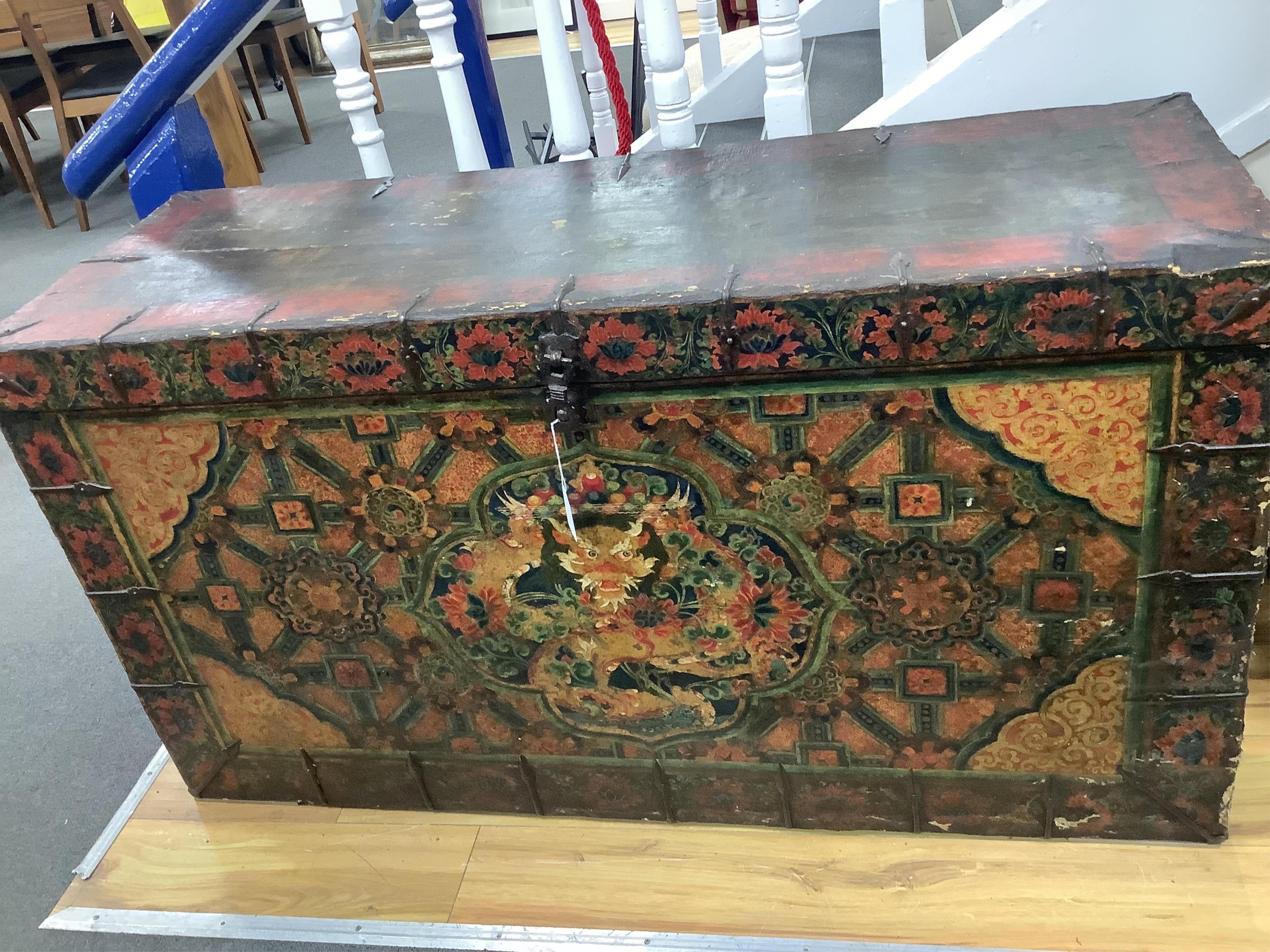 An early 19th century Tibetan, Dzongkha dragon painted trunk, width 122cm, depth 45cm, height 66cm. Condition - fair